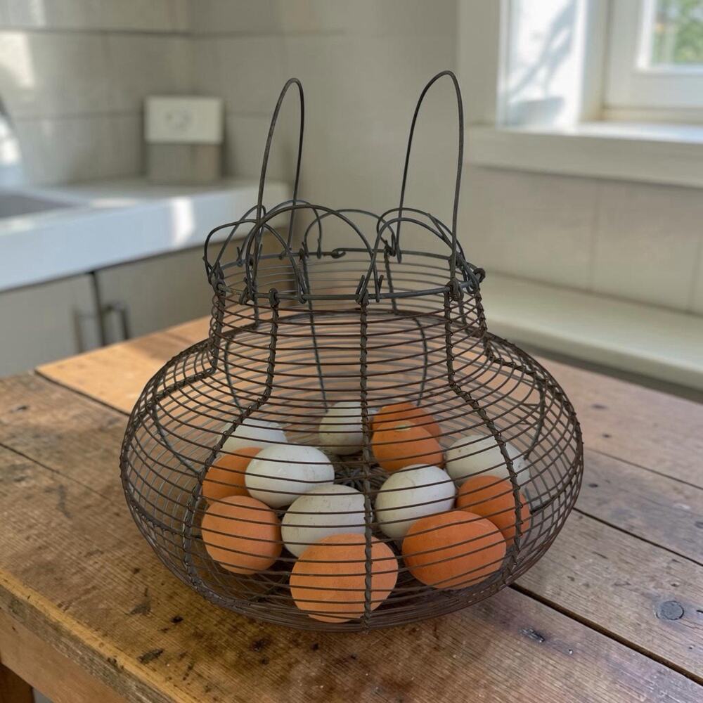 Vtg French Style Wire Egg Gathering Basket Fold Out Top w/12 Ceramic Eggs